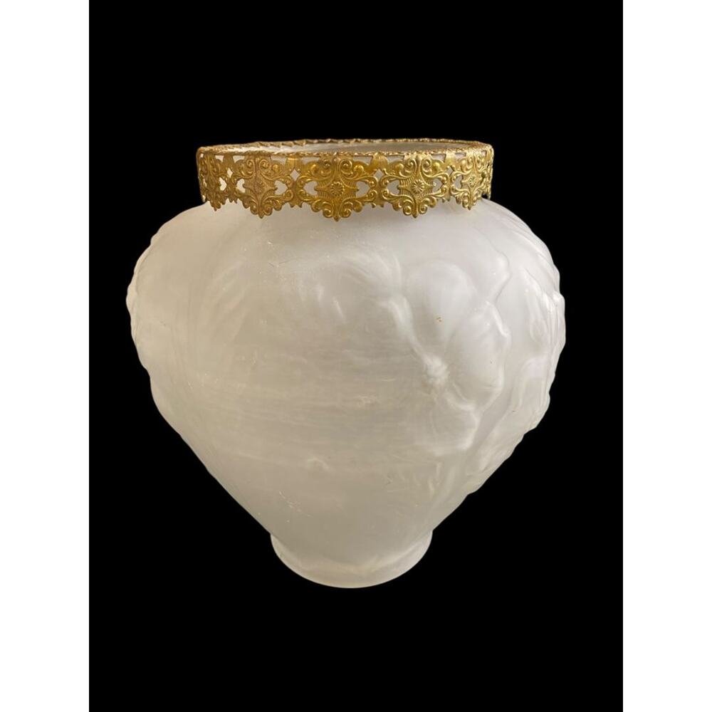 Vintage Art Nouveau Satin Glass Vase Brass Ormolu Fittings Poppy Design 9"